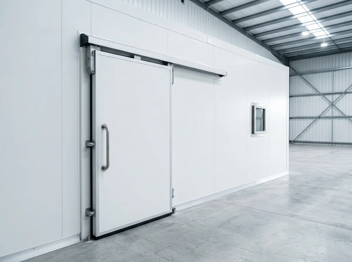 Recinto frigorífico de panel sándwich blanco con puerta corredera de cámara