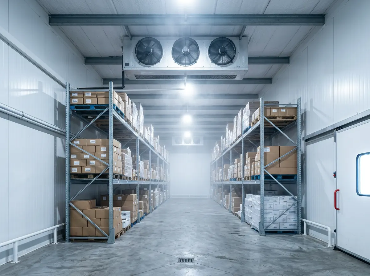Interior de una cámara frigorífica industrial con paneles aislantes blancos y evaporador en el techo