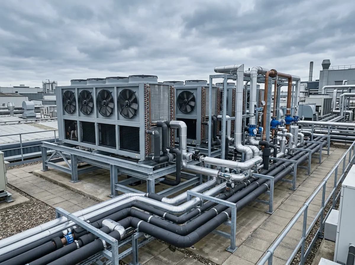 Unidades condensadoras y tuberías aisladas de una instalación frigorífica industrial en cubierta