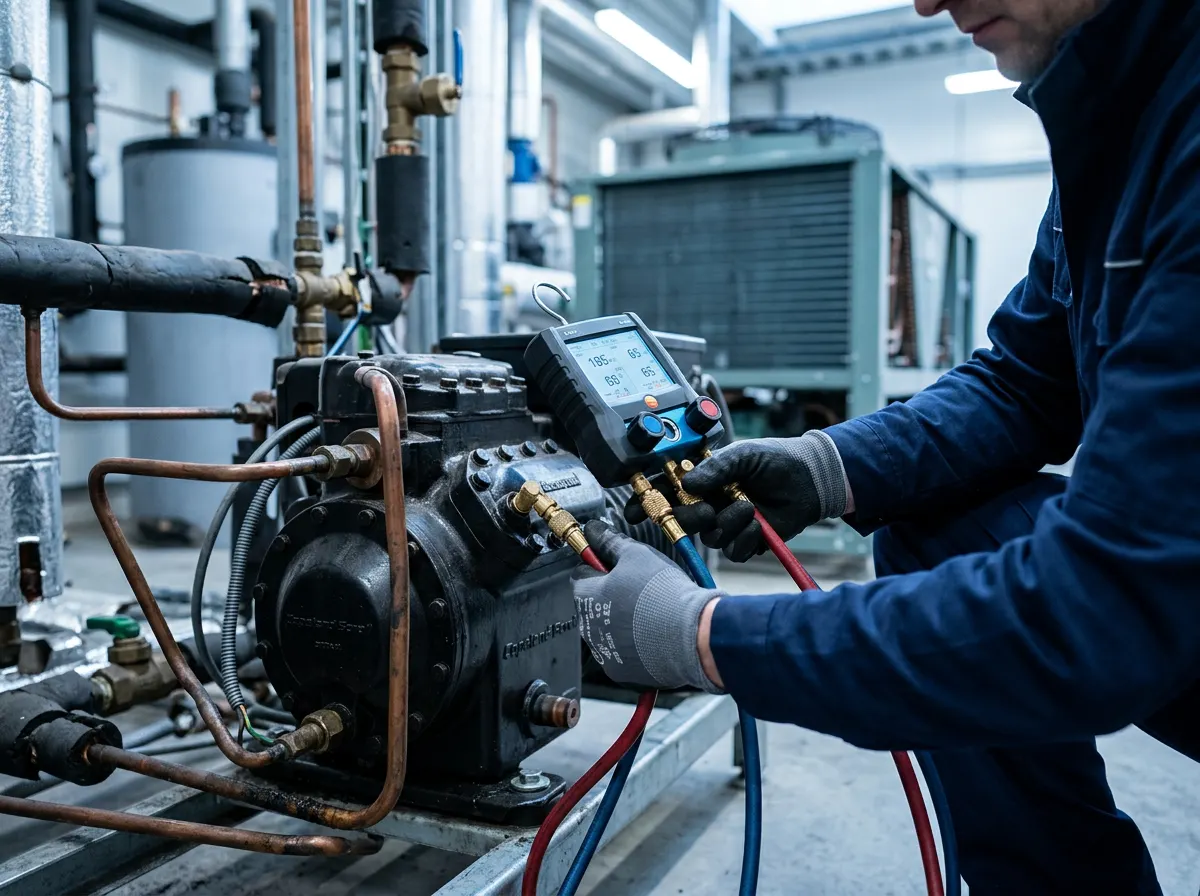 Frigorista industrial conectando un manómetro digital a un compresor frigorífico