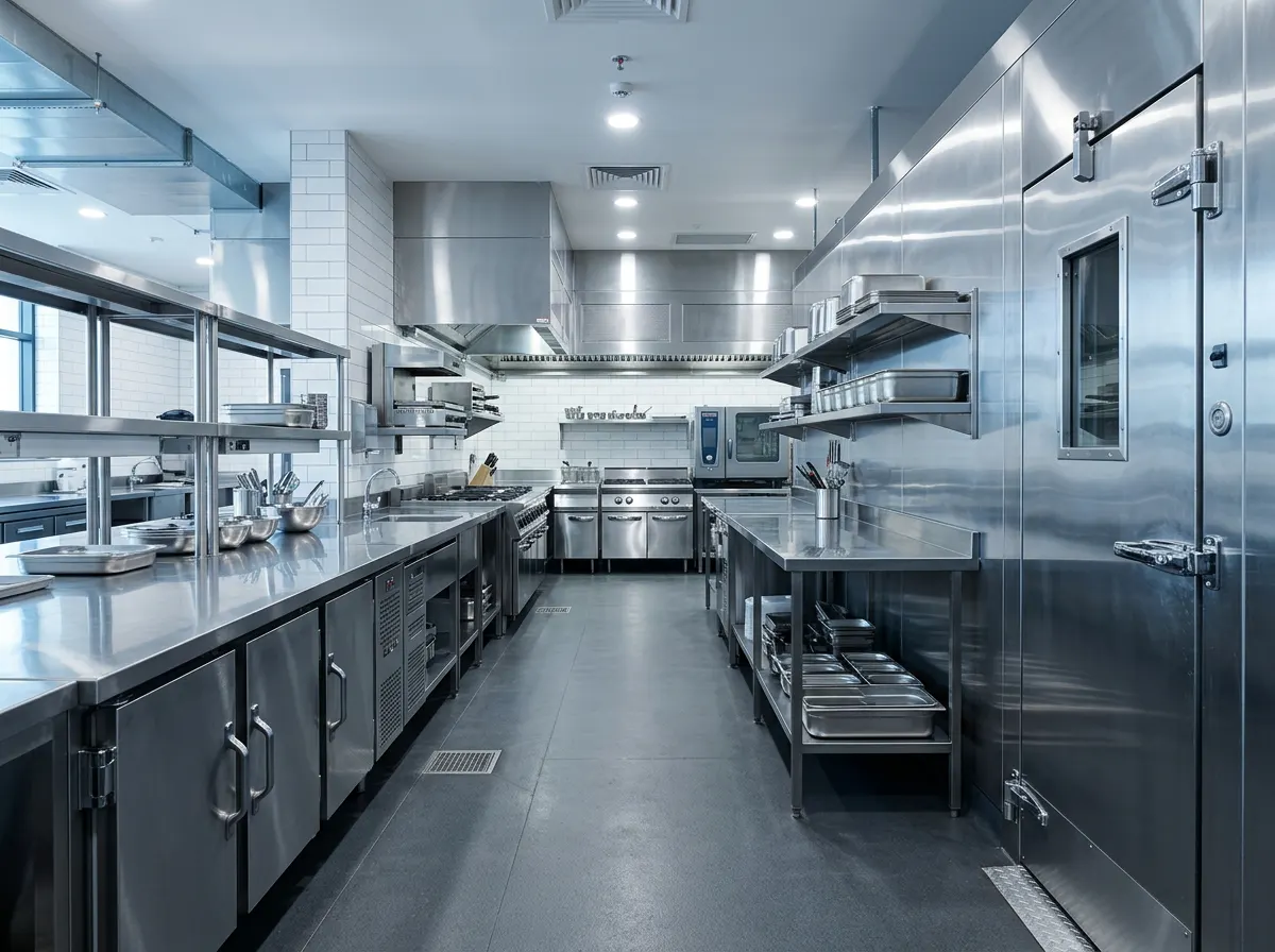 Cocina profesional con mostradores refrigerados de acero inoxidable y puerta de cámara frigorífica