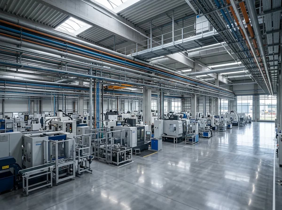 Nave industrial con maquinaria y conductos de ventilación y refrigeración de proceso