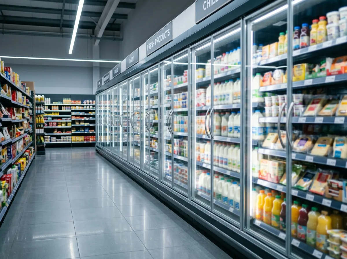 Pasillo de supermercado con murales refrigerados de puertas de cristal